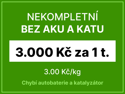 Nekompletní autovrak bez baterie a katalyzátoru - 3000 Kč za 1 tunu vozu